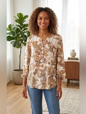 039-cleo Cream Paisley Button-Down Top with Gold and Brown Accents